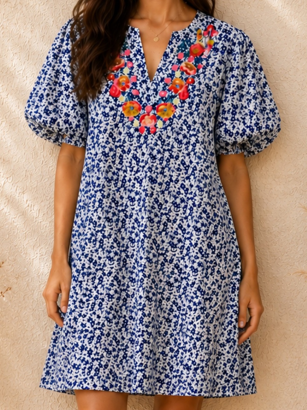 Embroidered Blue Floral Boho-Chic Feminine Mini Dress, Size Small